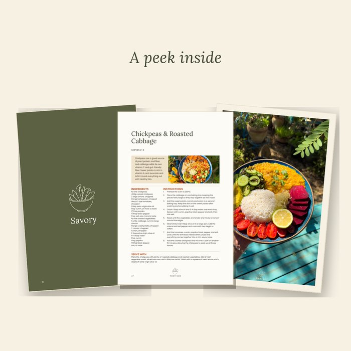 Three pages from the Savory section: the section opener, a full recipe page and a food photograph page.