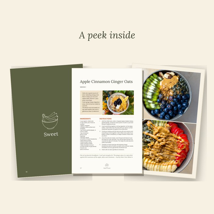 Three pages from the Sweet section: the section opener, a full recipe page and a food photograph page.